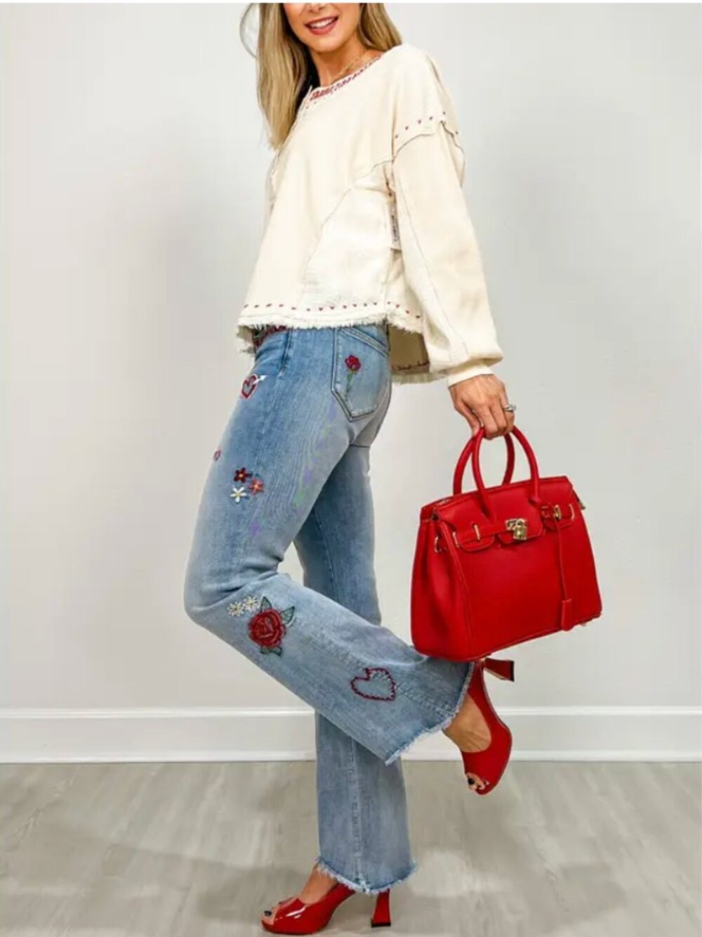 DRIFTWOOD Eva Love Letter Bootcut Embroidered Jeans, 26 NWT - Picture 3 of 12